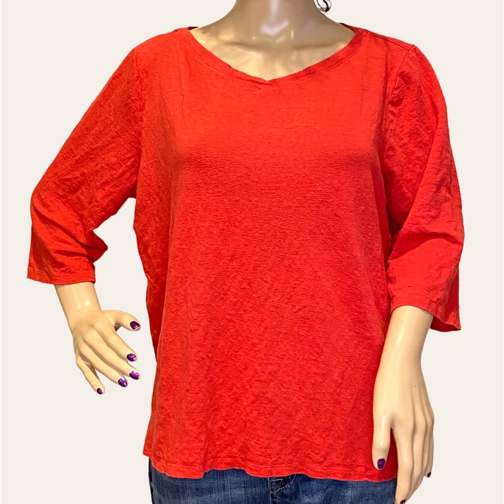 Eileen Fisher Red Organic Linen V-Neck Top Shirt 3/4 Sleeves R171ZO Size XL VGC - Picture 1 of 4